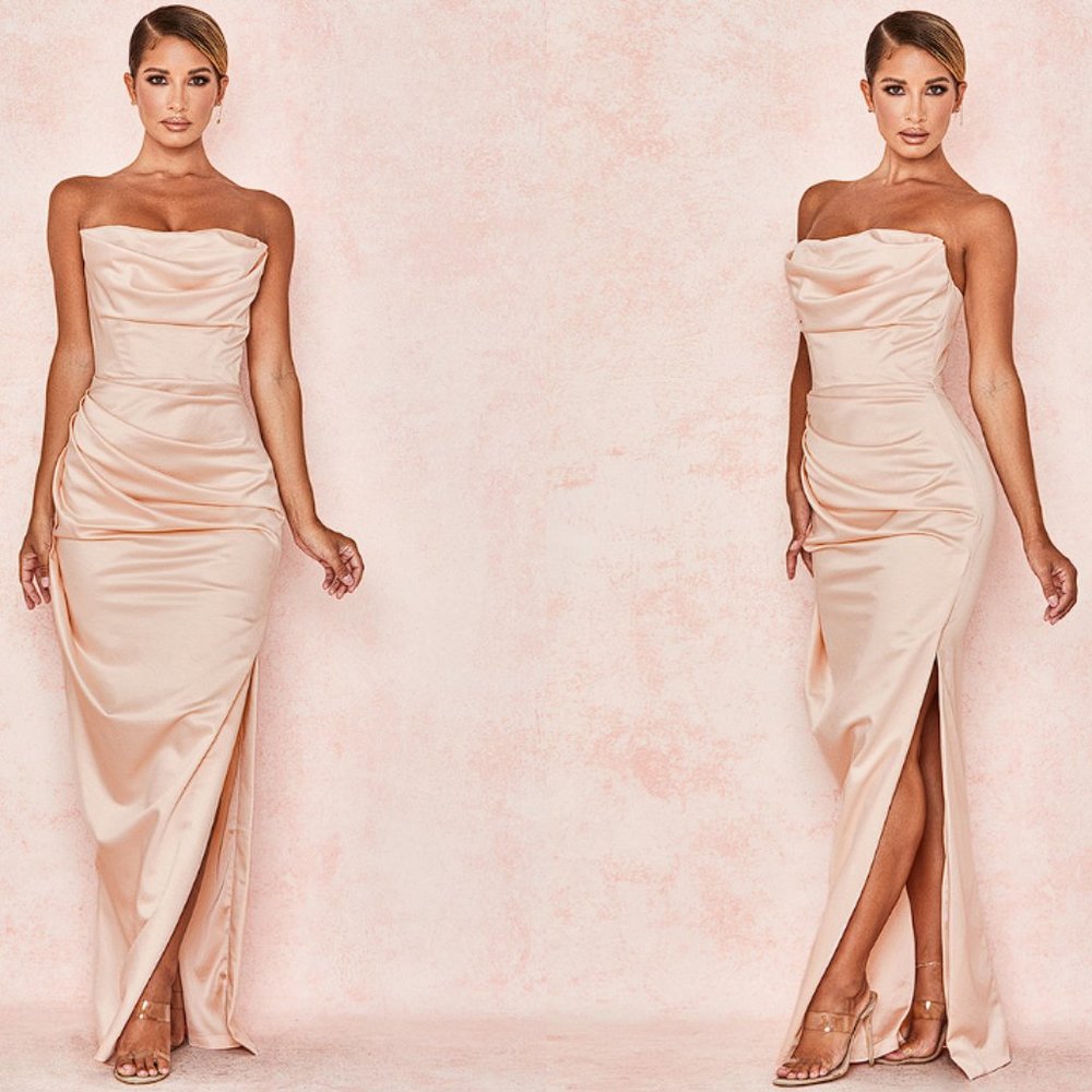 HOUSE OF CB 'Adrienne' Champagne Satin Strapless Gown NWOT